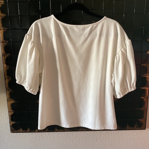 Ann Taylor White Rib Knit Puff Sleeve Blouse - Picture 4 of 4